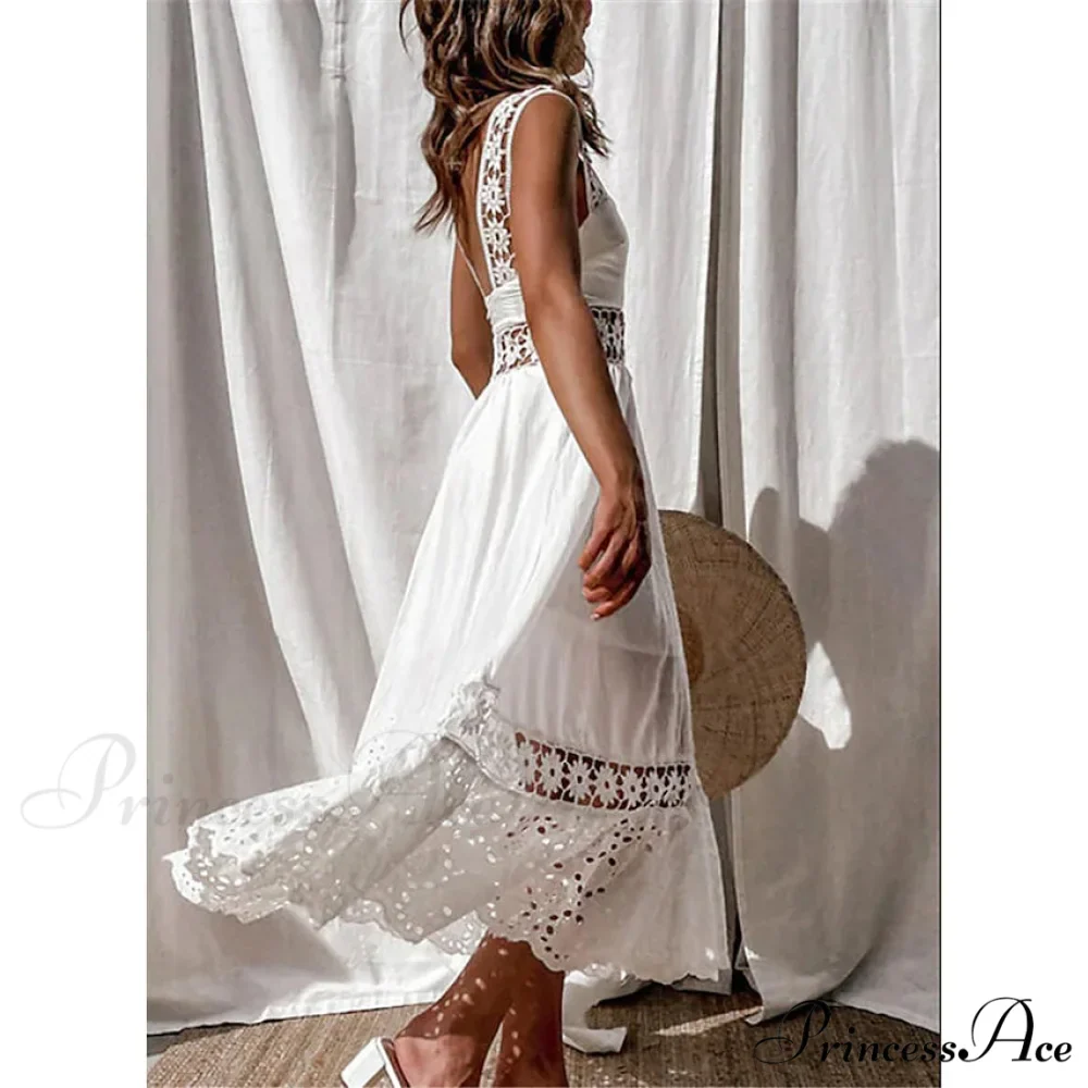 White Sleeveless Solid Lace Panel Dress for Women - Image 2
