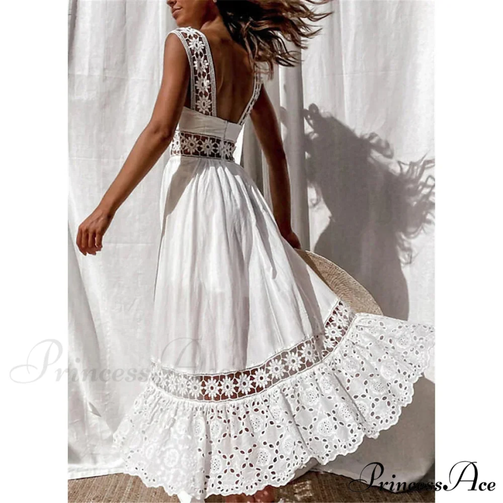 White Sleeveless Solid Lace Panel Dress for Women - Image 3