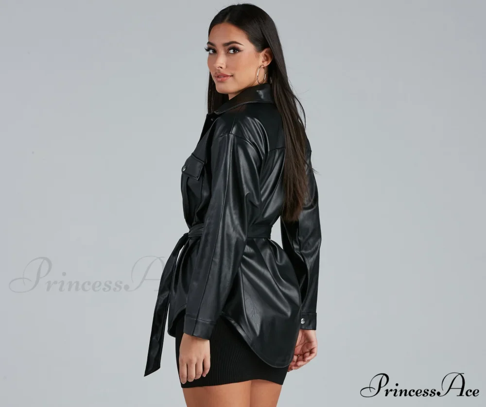 Sleek Trends Faux Leather Tie-Waist Shirt Jacket - Image 2