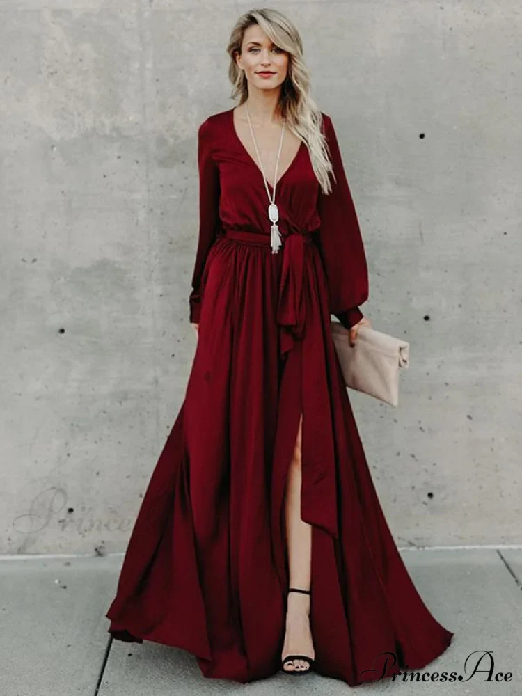 V-neck Long Sleeves Belted Maxi Dress - Image 2