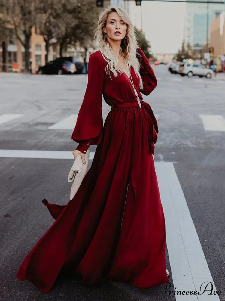 V-neck Long Sleeves Belted Maxi Dress - Image 3
