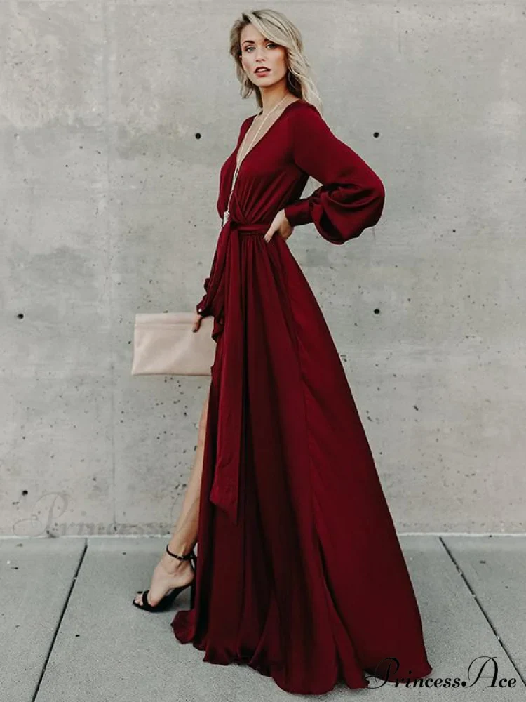 V-neck Long Sleeves Belted Maxi Dress - Image 4