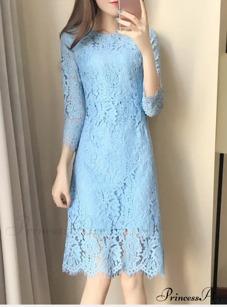 Flare Sleeve Lace Dress with Round Neck - Image 2