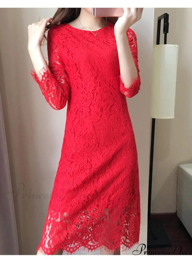 Flare Sleeve Lace Dress with Round Neck - Image 4