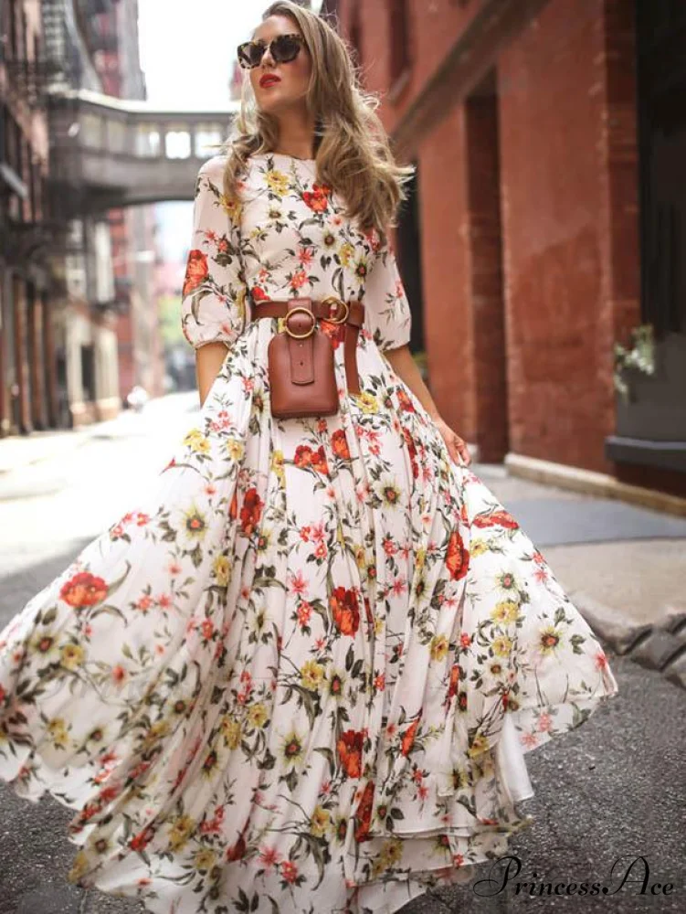 Bohemia Maxi Dress with Floral Round Neck and Half Sleeves - Image 2