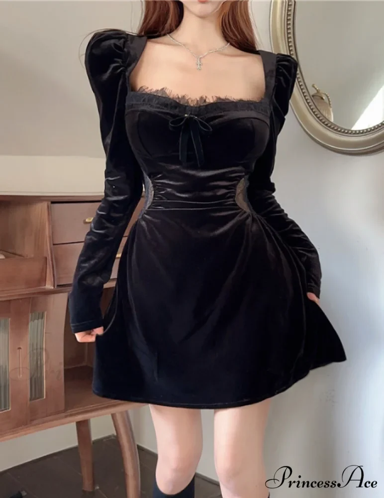 Velvet Lace Halter Dress with Deep V-Neck and Long Sleeves - Image 2