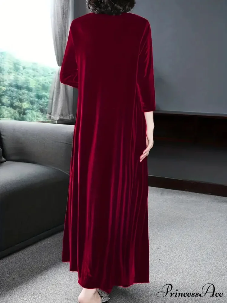 Long Sleeve Round Neck Loose Velvet Maxi Dress - Image 2