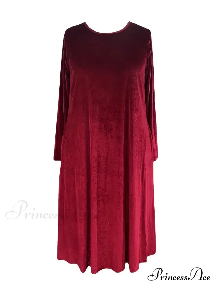 Long Sleeve Round Neck Loose Velvet Maxi Dress - Image 3