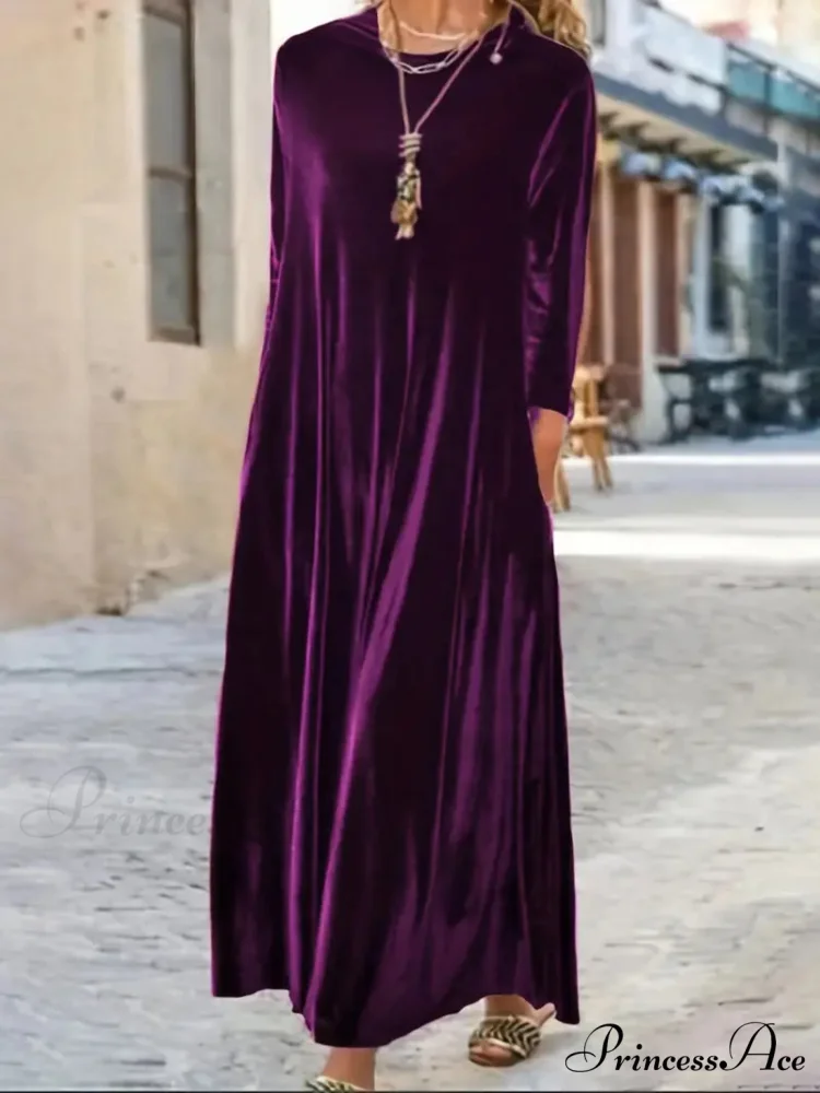 Long Sleeve Round Neck Loose Velvet Maxi Dress - Image 4