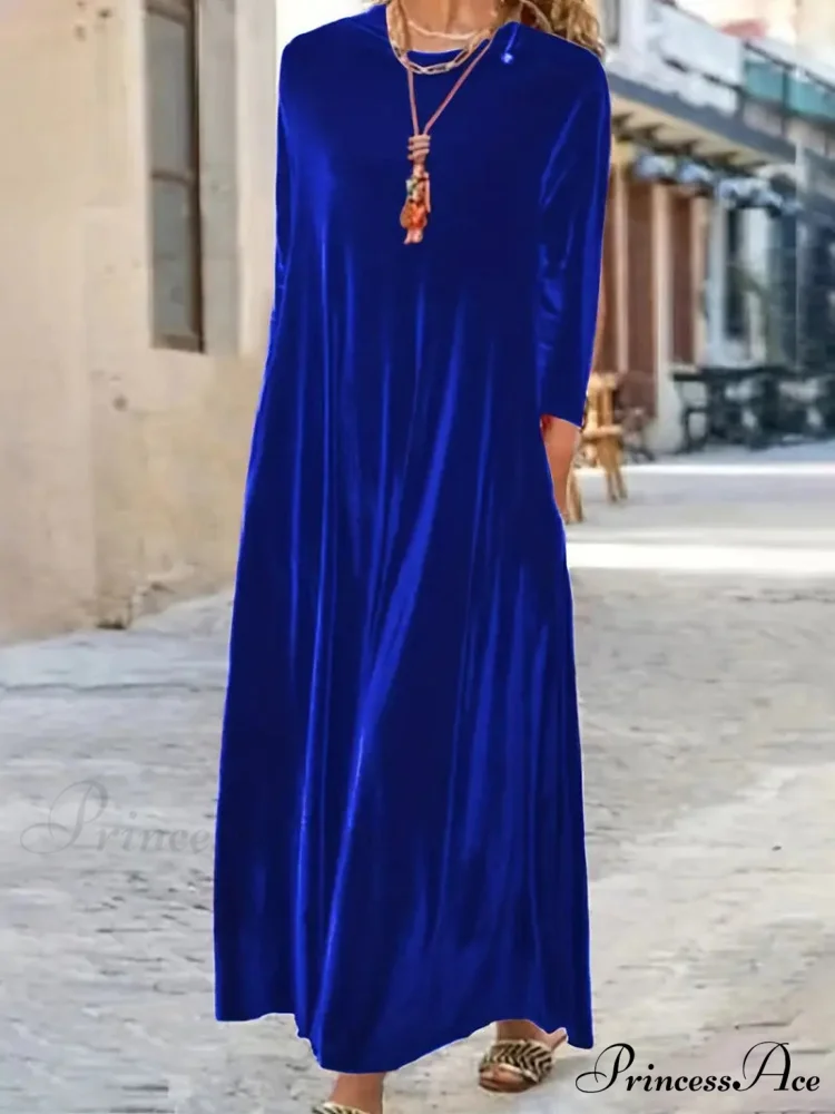 Long Sleeve Round Neck Loose Velvet Maxi Dress - Image 5