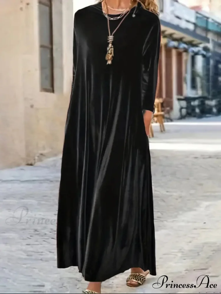 Long Sleeve Round Neck Loose Velvet Maxi Dress - Image 6