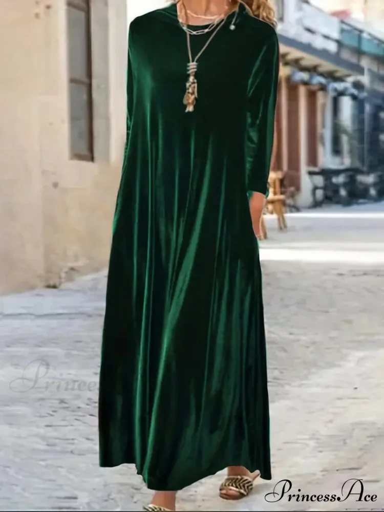 Long Sleeve Round Neck Loose Velvet Maxi Dress - Image 7