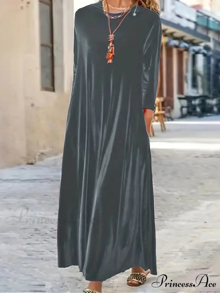 Long Sleeve Round Neck Loose Velvet Maxi Dress - Image 8