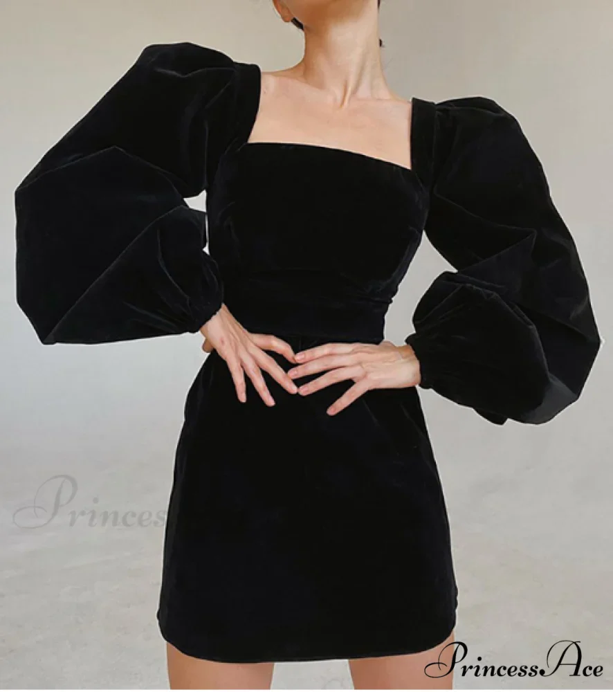 Black Sexy Bodycon Dress with Square Collar - Winter Mini Party Pencil Dress - Image 3