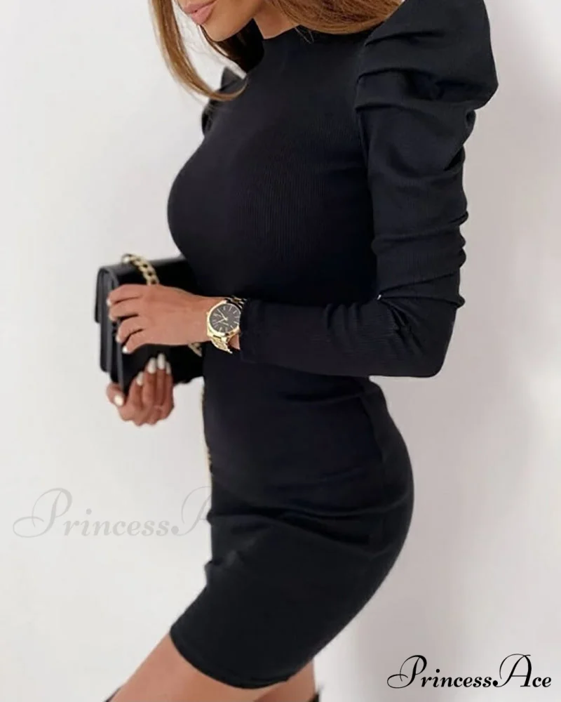 Puff Sleeve Knit Bodycon Dress - Image 2