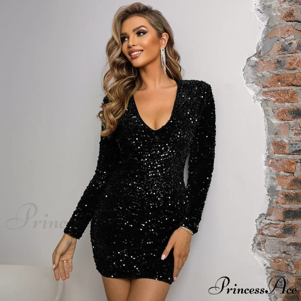 Green Sequin Dress with Plunge V-Neck and Long Sleeves - Image 4