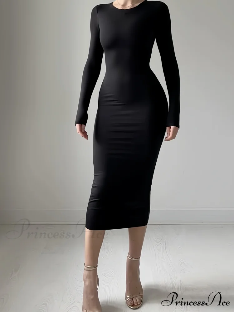 Elegant Black Bodycon Dress with Full-Length Sleeves