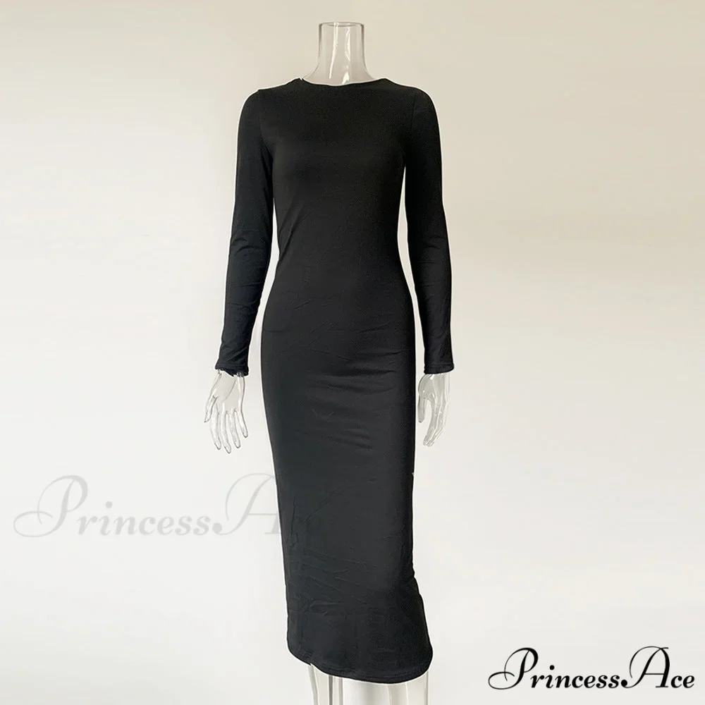Elegant Black Bodycon Dress with Full-Length Sleeves - Image 2
