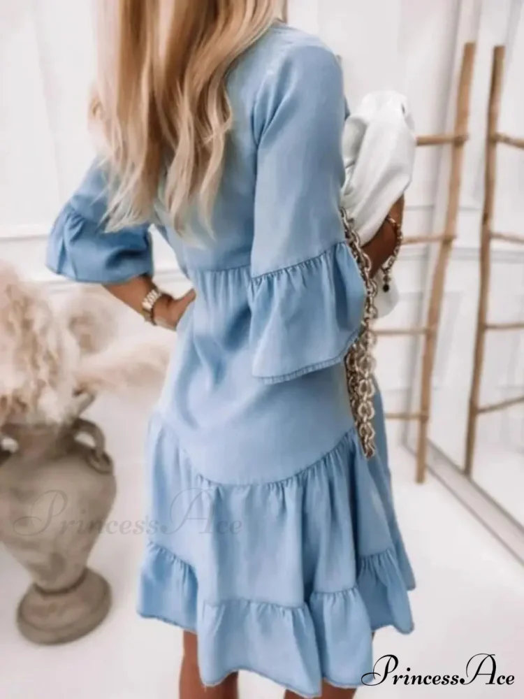 Blue Ruffles Midi Denim Dress - Image 2