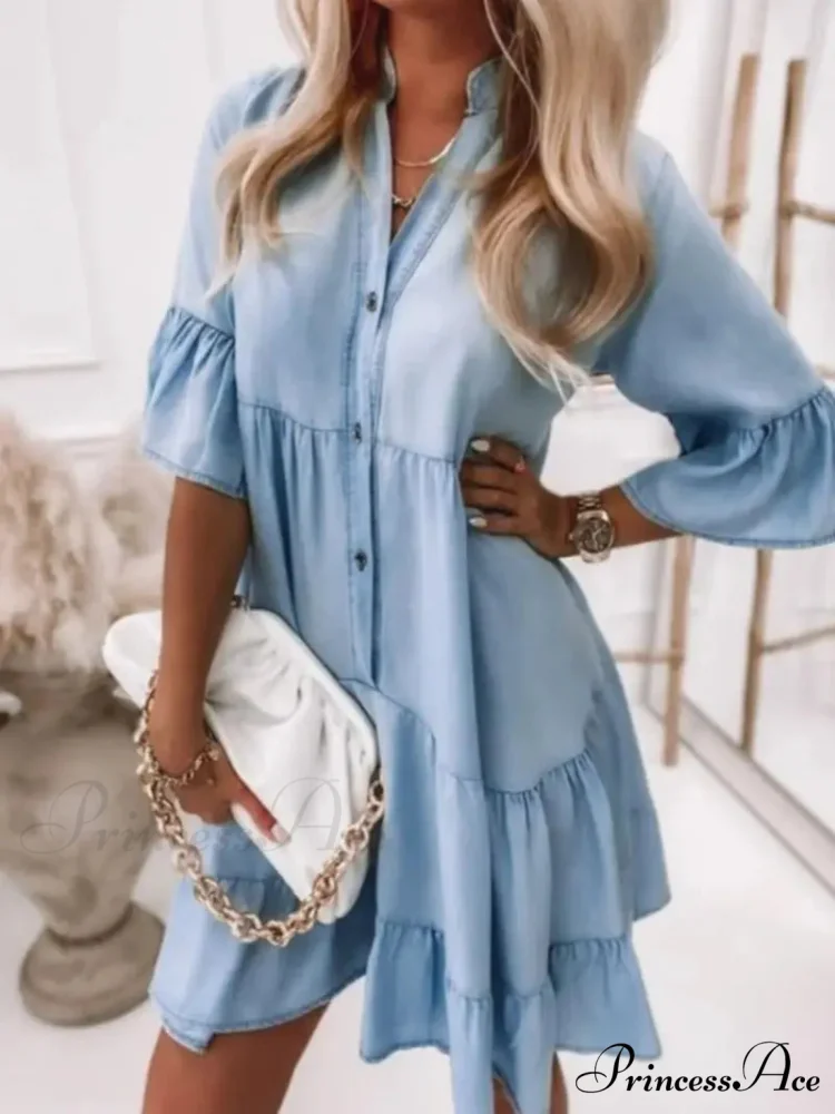 Blue Ruffles Midi Denim Dress - Image 3