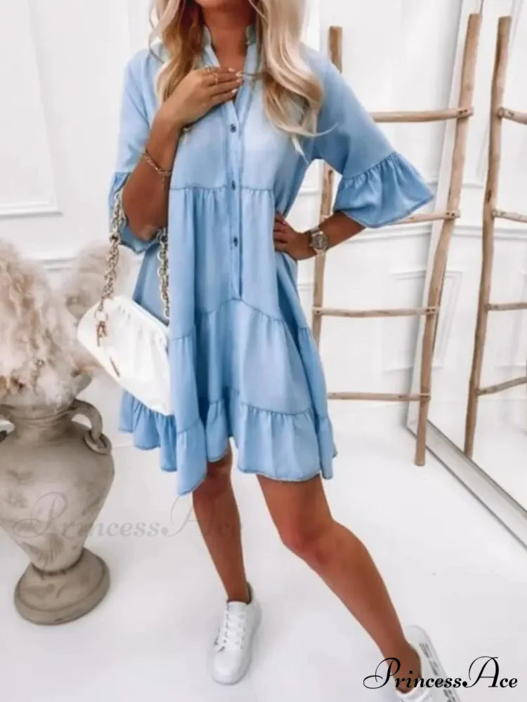 Blue Ruffles Midi Denim Dress - Image 5