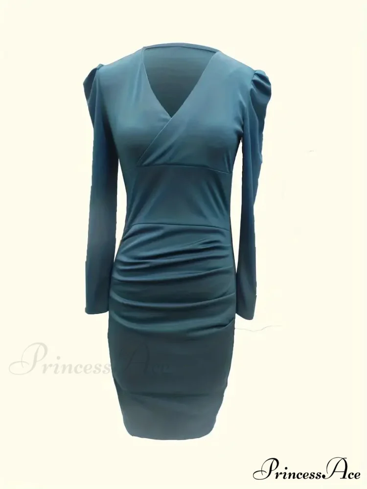 Skinny Long Sleeve V Neck Ruched Dress - Image 2
