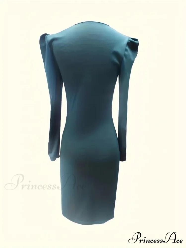 Skinny Long Sleeve V Neck Ruched Dress - Image 3