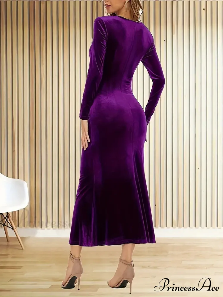 Purple Velvet Long Sleeve V-Neck Wrap Dress - Image 6
