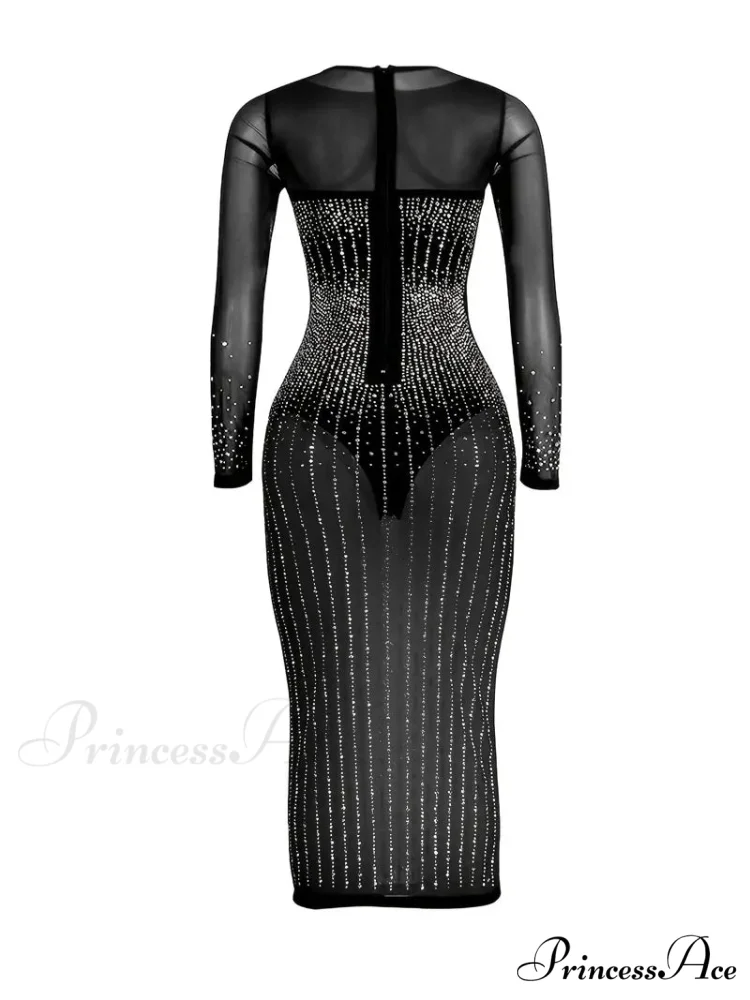Rhinestone Mesh Long Sleeve Bodycon Dress for Parties - Image 3
