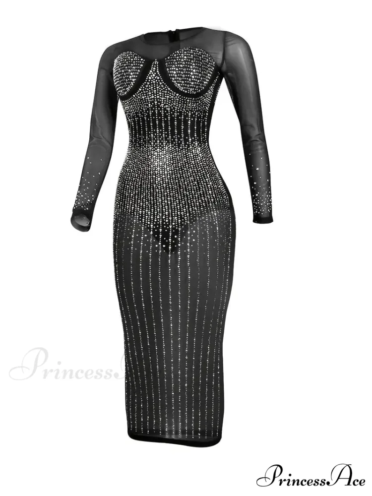 Rhinestone Mesh Long Sleeve Bodycon Dress for Parties - Image 4