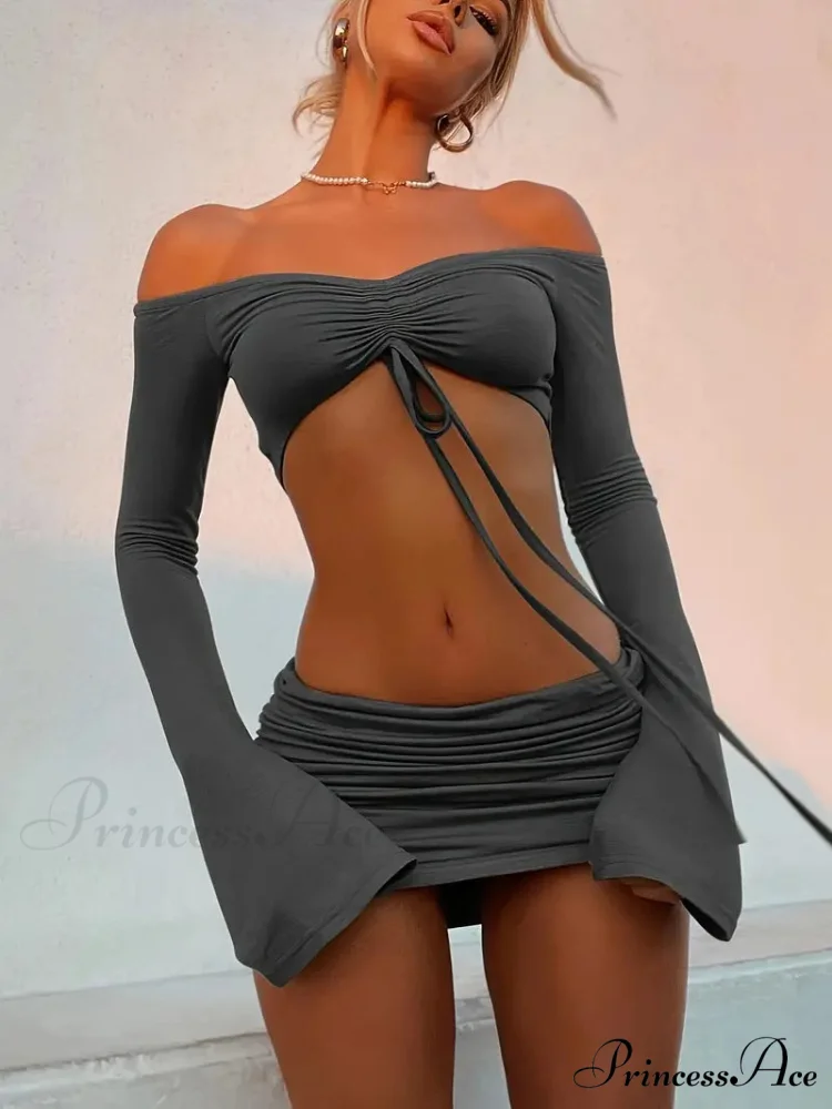 Crop Top and Bodycon Skirt Set with Drawstring and Ruched Detail - Image 2