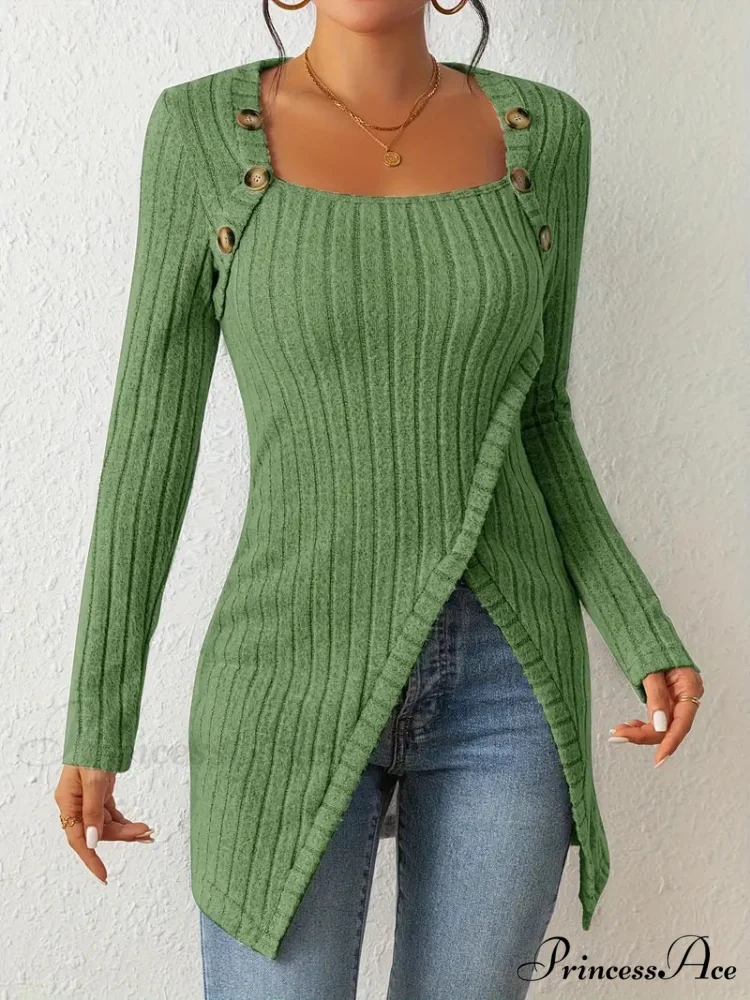 Casual Ribbed Long Sleeve Top Dress with Asymmetrical Hem - Image 10
