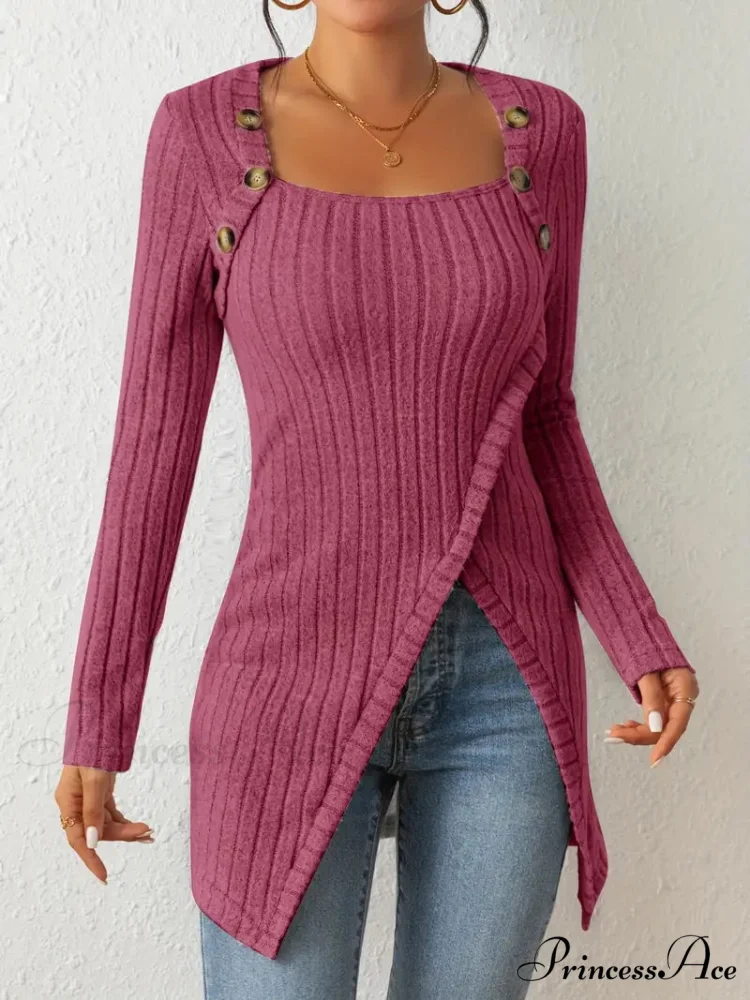Casual Ribbed Long Sleeve Top Dress with Asymmetrical Hem - Image 11