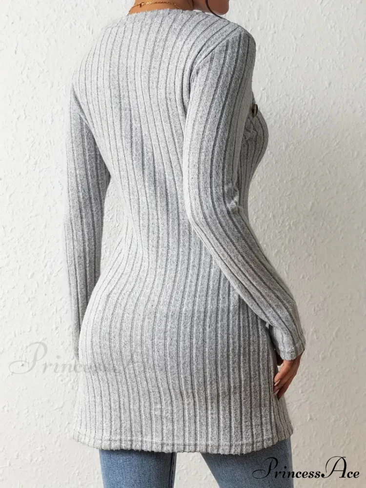 Casual Ribbed Long Sleeve Top Dress with Asymmetrical Hem - Image 12