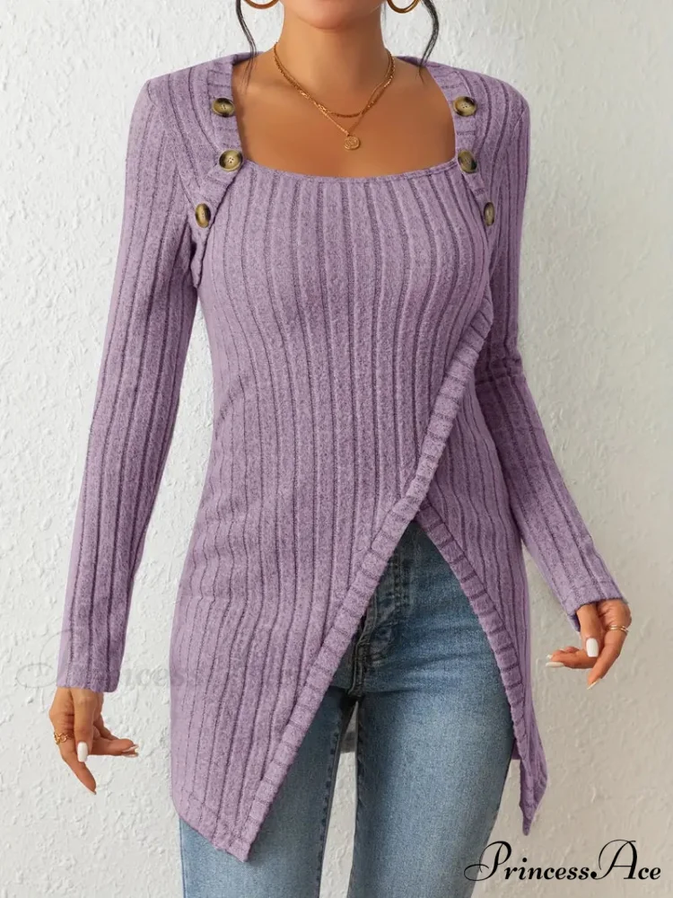 Casual Ribbed Long Sleeve Top Dress with Asymmetrical Hem - Image 2