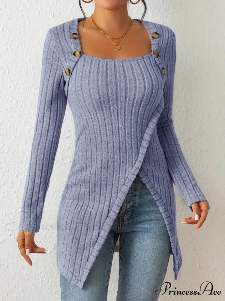 Casual Ribbed Long Sleeve Top Dress with Asymmetrical Hem - Image 3