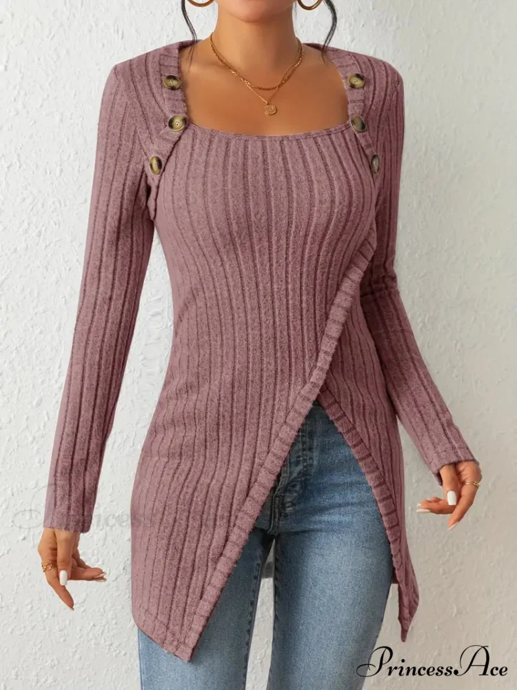 Casual Ribbed Long Sleeve Top Dress with Asymmetrical Hem - Image 5