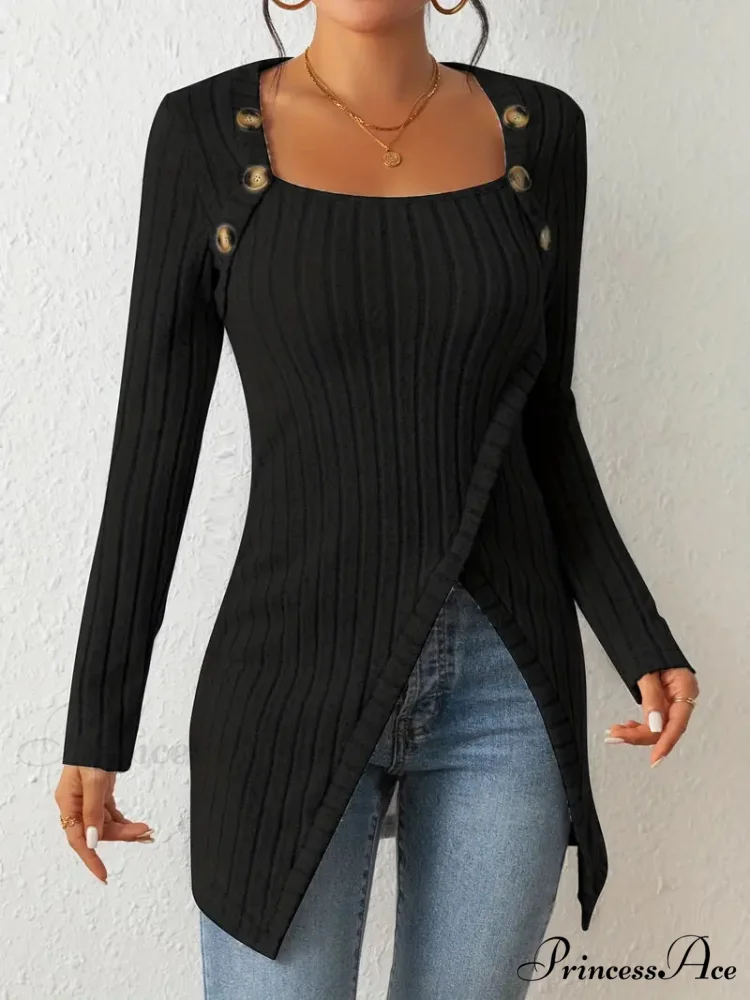 Casual Ribbed Long Sleeve Top Dress with Asymmetrical Hem - Image 7