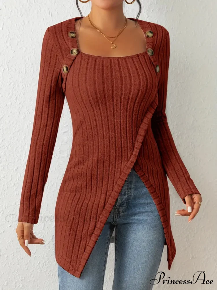 Casual Ribbed Long Sleeve Top Dress with Asymmetrical Hem - Image 8