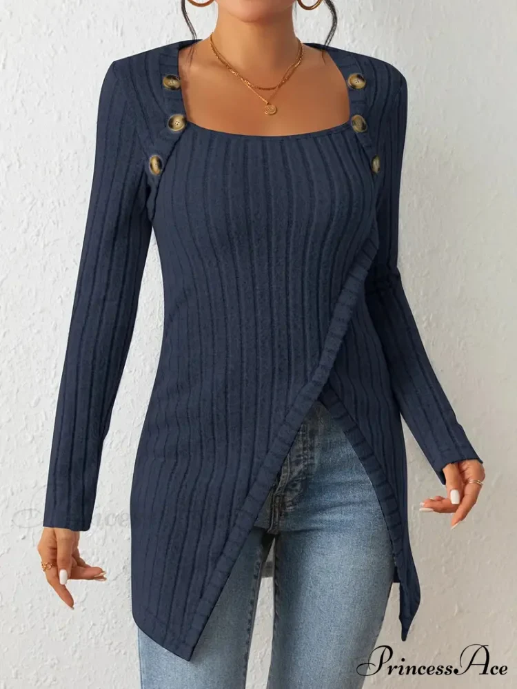 Casual Ribbed Long Sleeve Top Dress with Asymmetrical Hem - Image 9