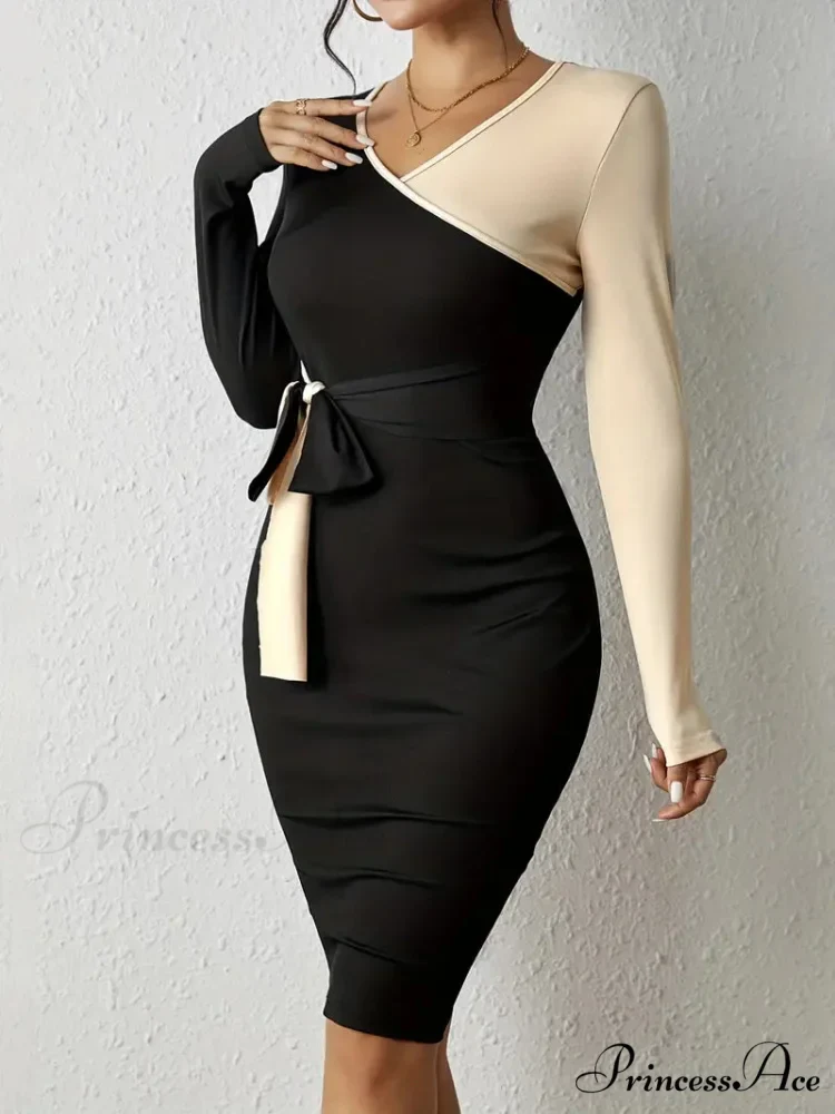 Color Block V Neck Long Sleeve Dress with Knot Detail - Image 2