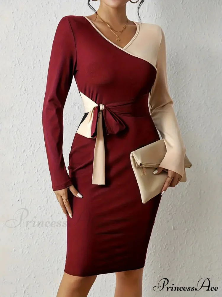 Color Block V Neck Long Sleeve Dress with Knot Detail - Image 3