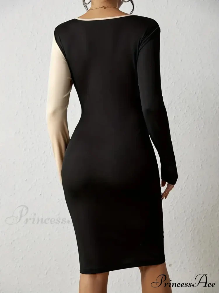 Color Block V Neck Long Sleeve Dress with Knot Detail - Image 4