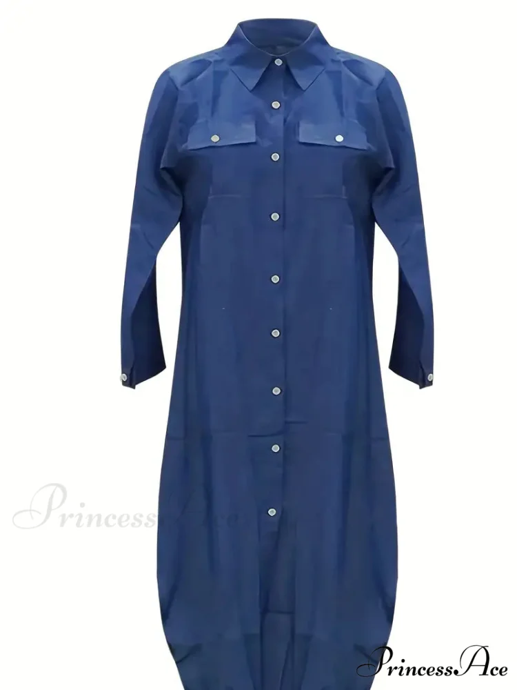 Blue Hem Arc Button Front Shirt Dress - Image 5