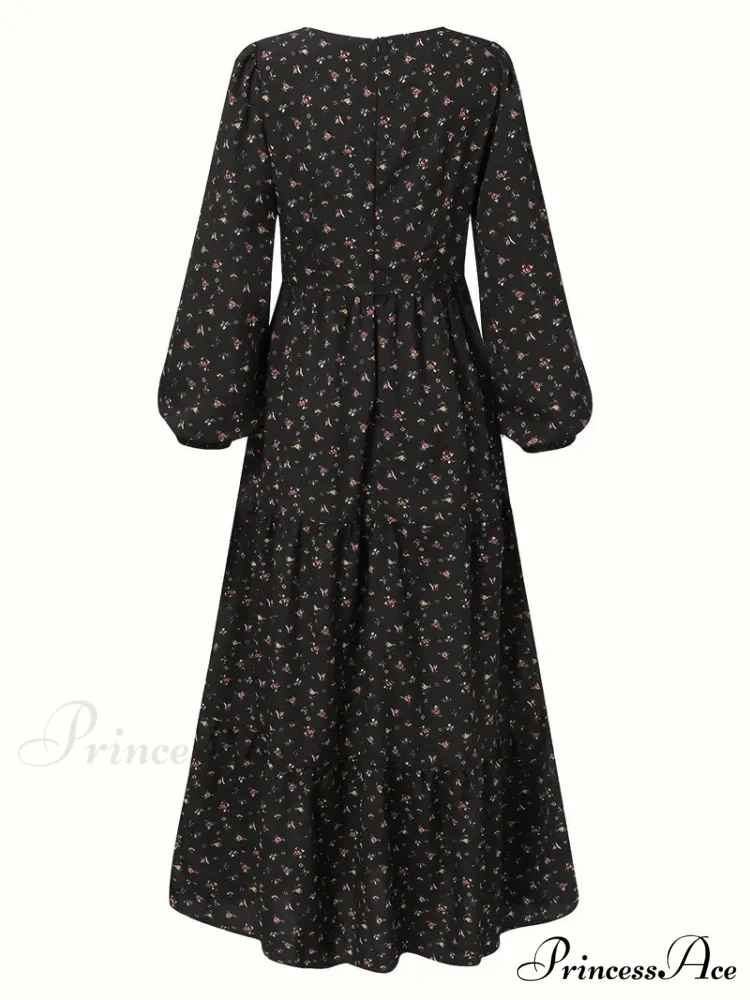 Boho Lantern Sleeve V Neck Tiered Floral Print Maxi Dress - Image 5