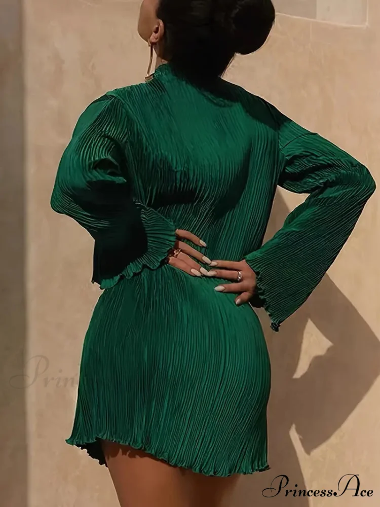 Pink Lettuce Trim Textured Dress with Long Sleeves - Image 6