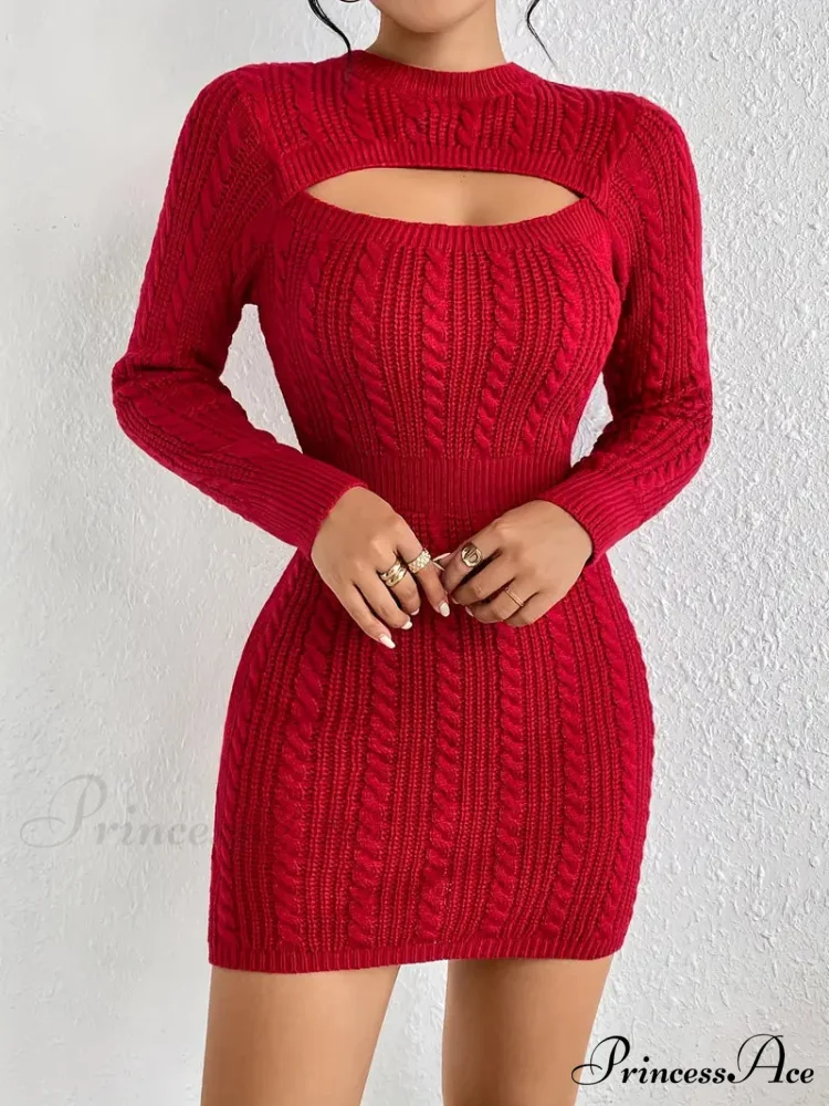 Long Sleeve Cut Out Sweater Knit Bodycon Dress - Image 8