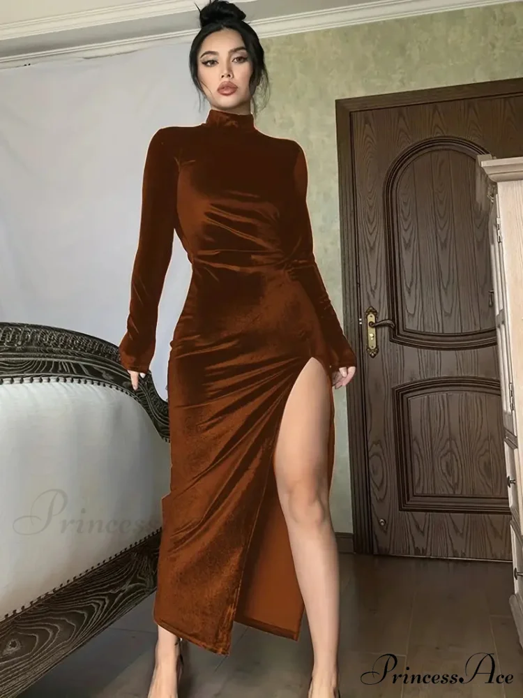 Thigh Split Ruched High Collar Long Sleeve Party Dress - Image 3