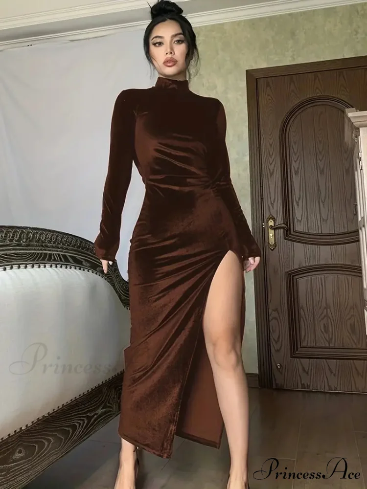Thigh Split Ruched High Collar Long Sleeve Party Dress - Image 4