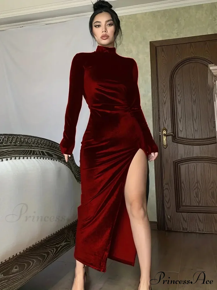 Thigh Split Ruched High Collar Long Sleeve Party Dress - Image 7